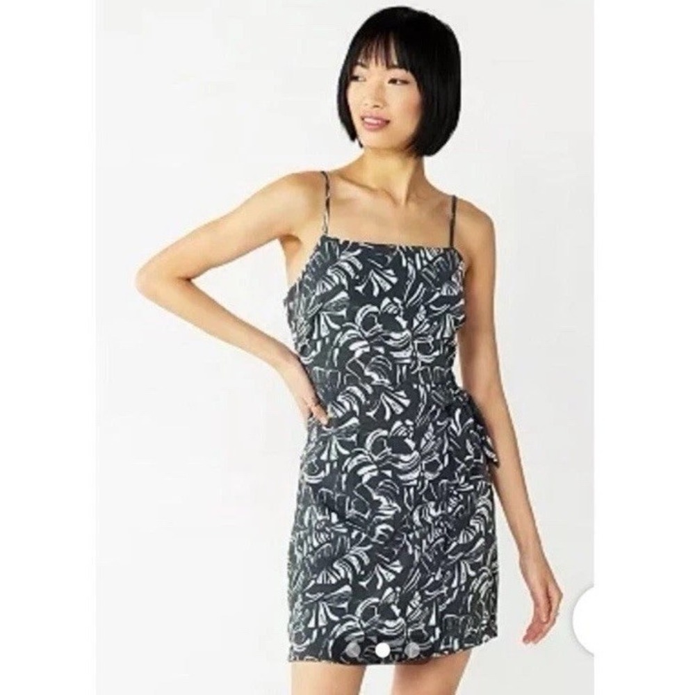 Nine West Womens XL Abstract Palm Print Mini Dress Gray White Spaghetti Strap